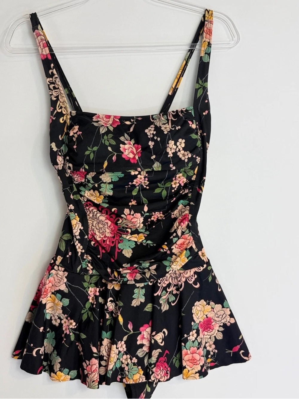 Johnny Was Black Floral One-Piece Swimsuit with Pink, Green & Cream Accents